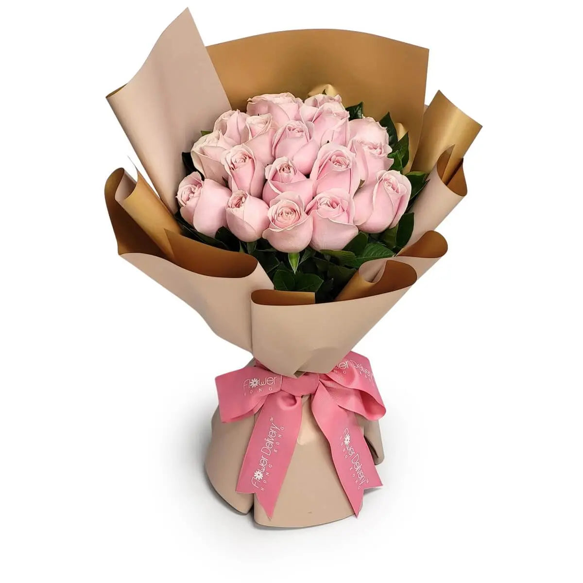 Elegant bouquet of soft pink roses with lush green foliage, wrapped in layered beige and gold-toned paper and tied with a satin pink ribbon | 淡粉玫瑰襯以青綠葉材，層次米色與金色包裝紙包裹，飾以絲質粉紅絲帶，清新典雅。
