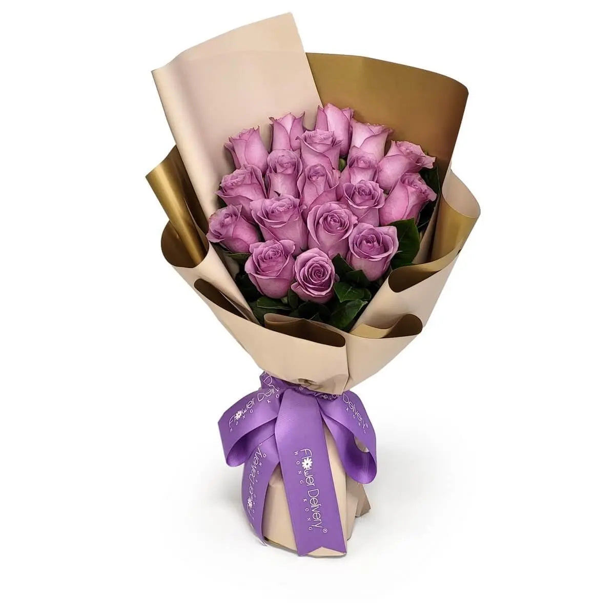 Elegant bouquet of lavender roses arranged in a dome shape with green foliage, wrapped in beige-gold paper and tied with a purple satin ribbon | 紫玫瑰圓形花束配翠綠葉材，包裝選用米金色紙張，配上紫色緞帶，氣質高雅。