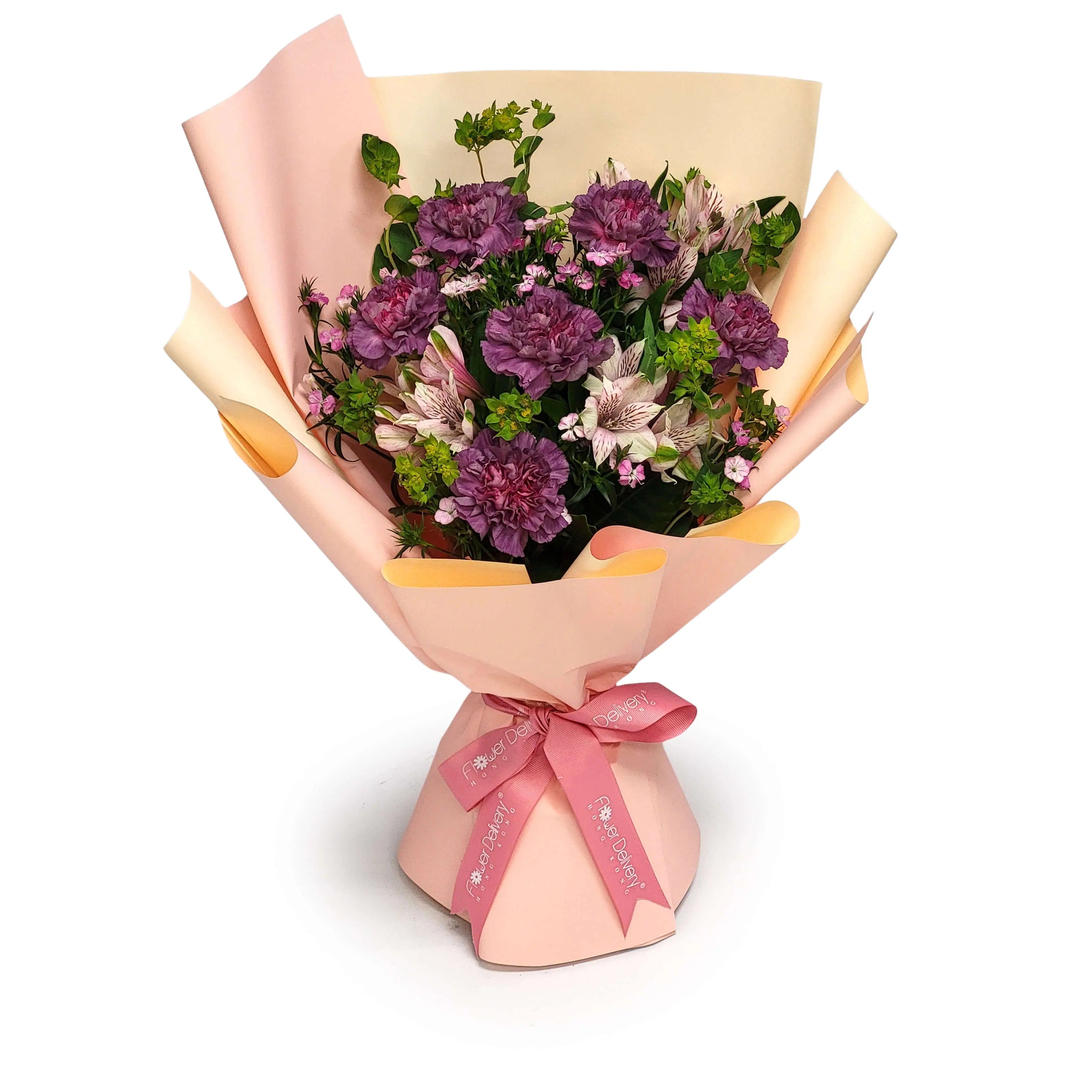 Wrapped bouquet featuring purple carnations, pink alstroemeria, small pink filler blooms, and fresh greenery | 紫色康乃馨、粉紅六出花、小型配花及綠葉組成的粉紅包裝花束。