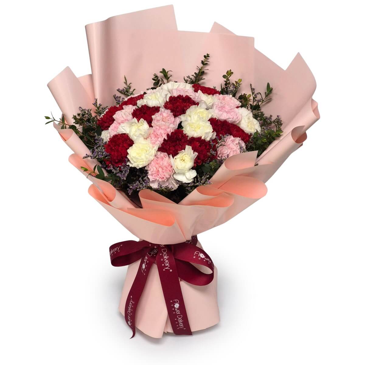 Best Mum Award bouquet with 36 red, pink, and white carnations arranged with seasonal greenery, wrapped in soft peach and pink paper with burgundy ribbon - 最佳媽媽獎花束，36朵紅色、粉紅色和白色康乃馨，配以時令綠葉，柔和桃紅色紙張包裝，配burgundy緞帶