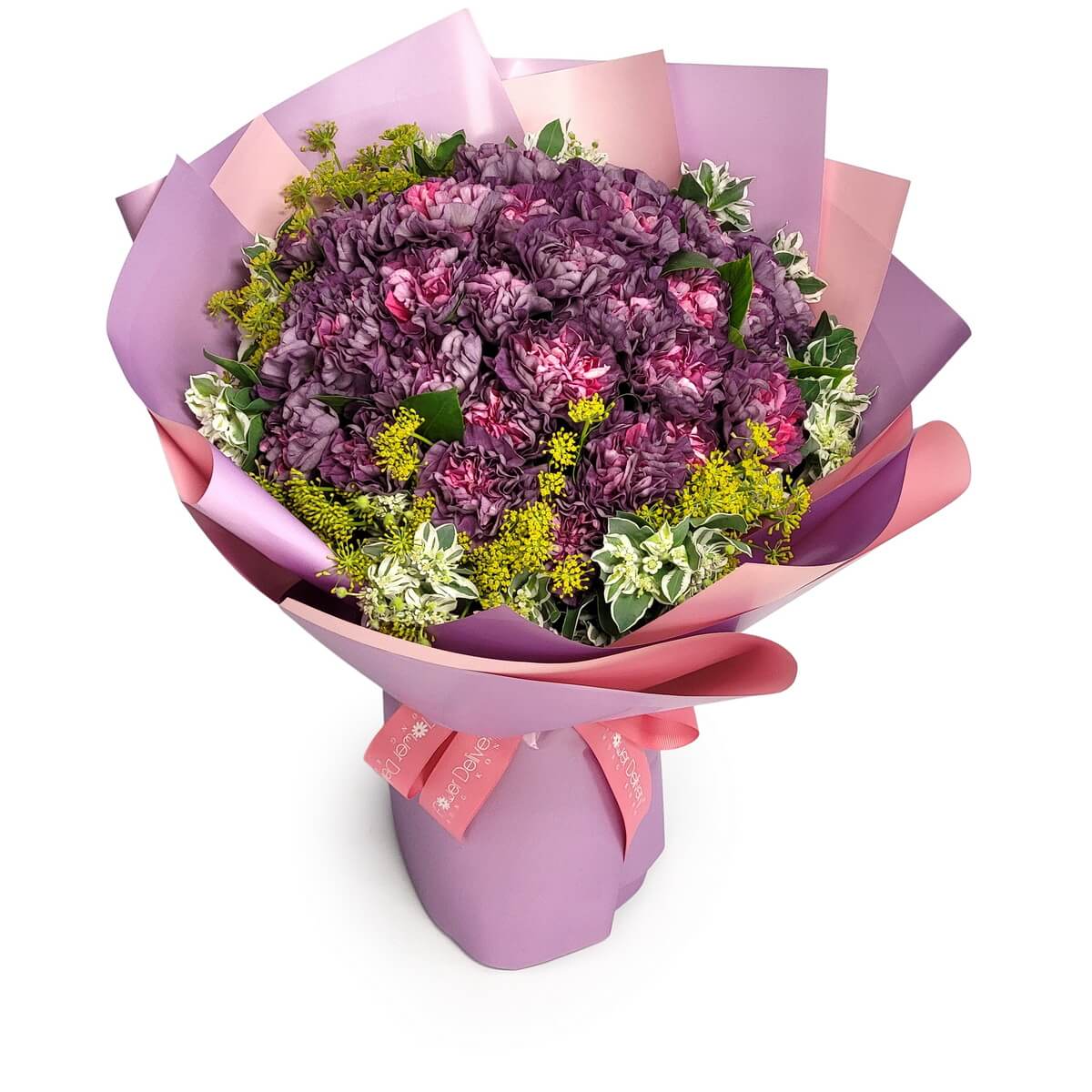 Lilac Whisper bouquet with 36 purple carnations, pink spray carnations, yellow solidago and variegated foliage wrapped in layered lilac and blush paper - 紫丁香耳語花束，包含36朵紫色康乃馨、粉紅色噴霧康乃馨、黃金菊及雜色葉材，以分層淡紫色和桃紅紙張包裝