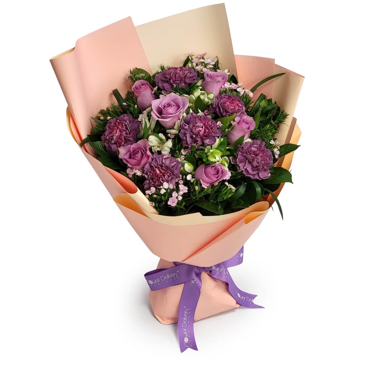 Purple roses and carnations bouquet with white alstroemeria, pink waxflowers, green foliage wrapped in peach and cream paper with purple ribbon - 紫色玫瑰和康乃馨花束配白色六出花、粉紅色蠟花、綠葉，以桃色和米色紙張包裝，配紫色絲帶