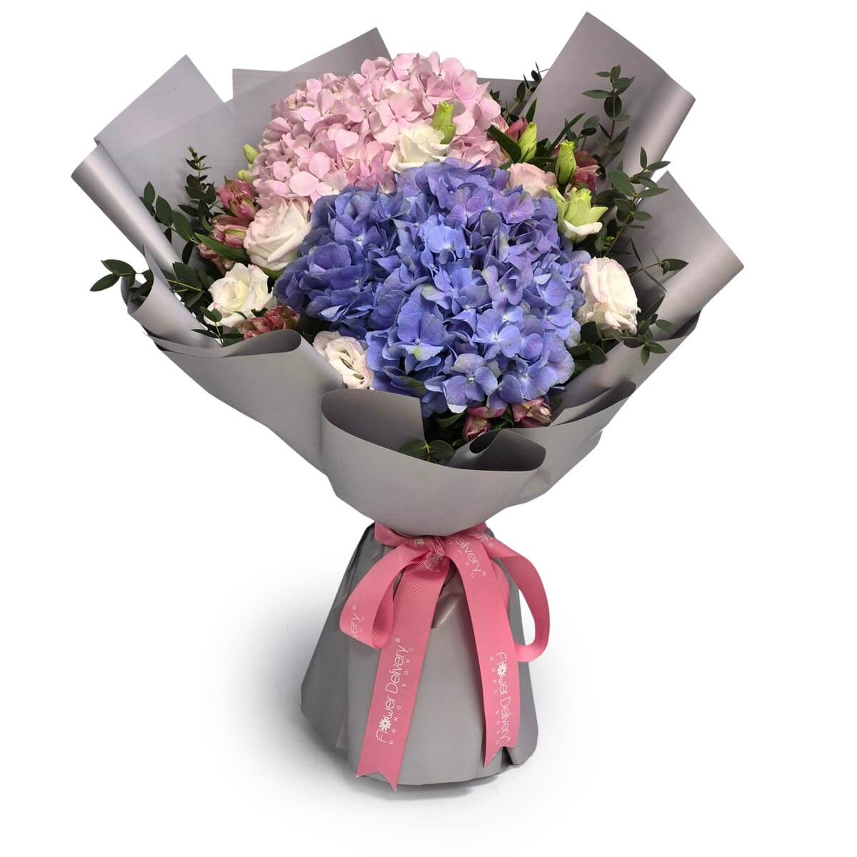 Hydrangea Love bouquet with pink and purple hydrangeas, white lisianthus, pink alstroemeria, eucalyptus foliage wrapped in grey paper with pink ribbon - 粉紅及紫色繡球花束，配白色洋桔梗、粉紅六出花、尤加利葉，灰色包裝及粉紅絲帶