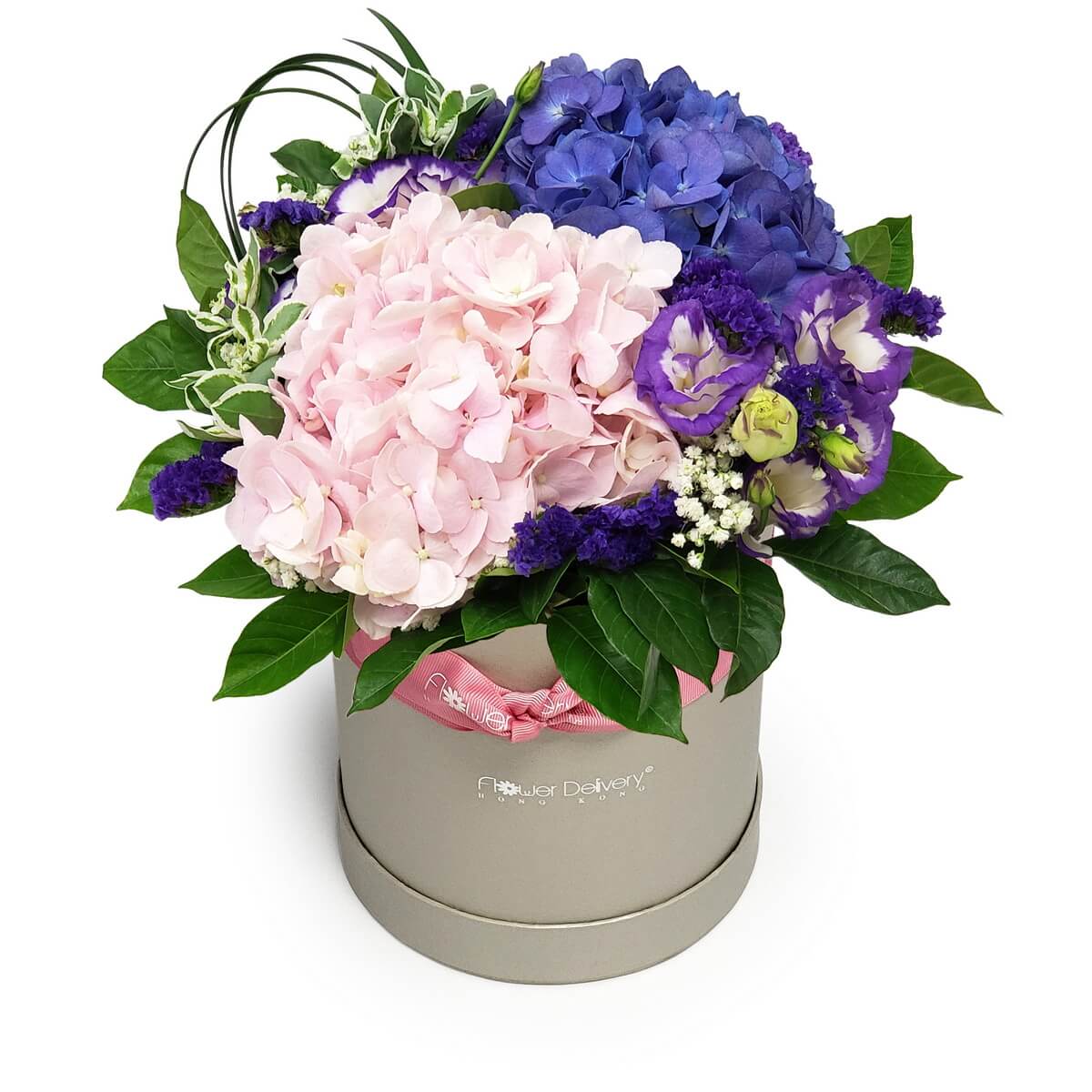 Round flower box arrangement with pink hydrangea, blue hydrangea, purple lisianthus, violet statice and baby's breath - 粉紅及藍色繡球花配紫色洋桔梗、補血草與滿天星盒裝花藝