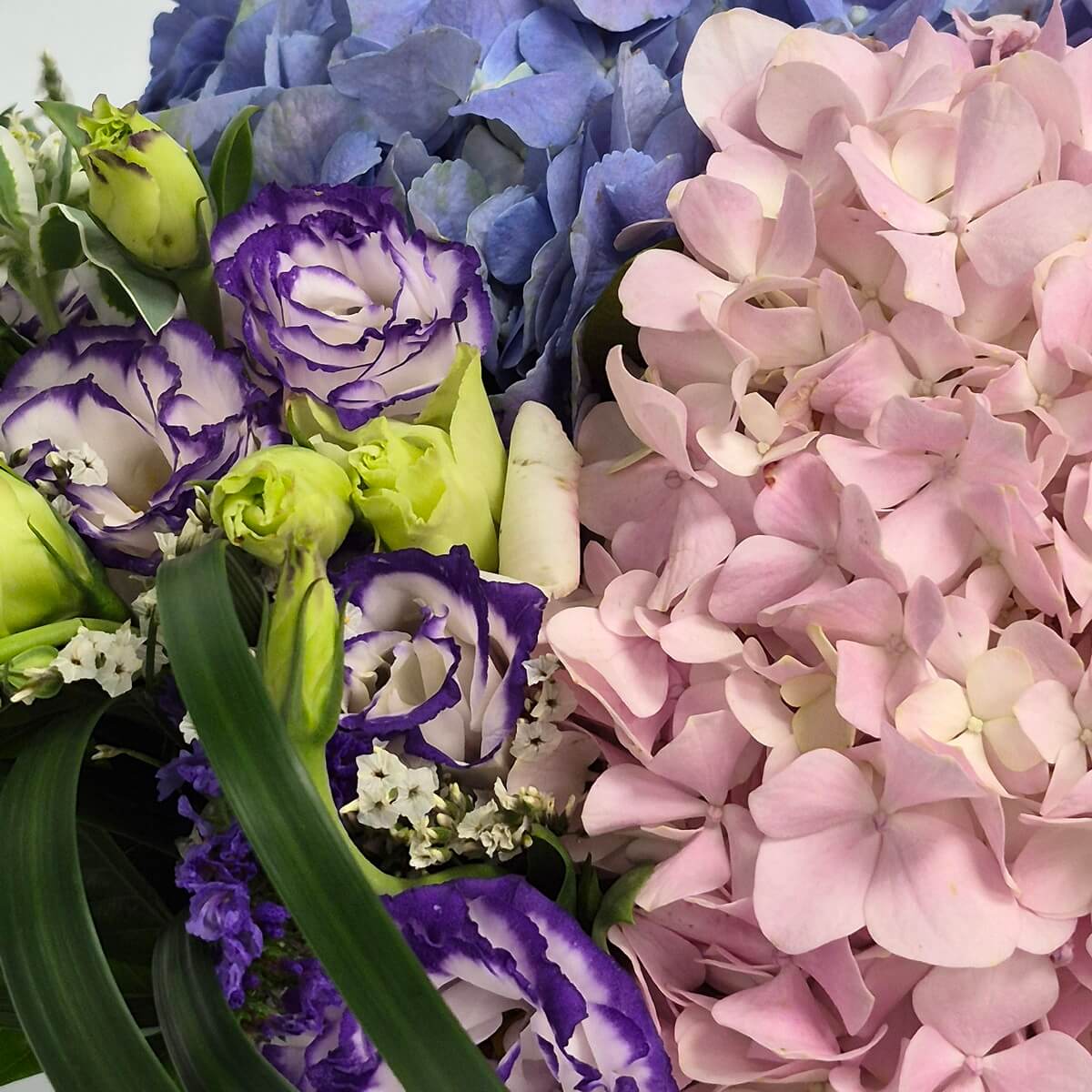 Close-up view of Mother's Day flower arrangement featuring blue and blush pink hydrangeas, purple and white lisianthus (洋桔梗), purple statice, green foliage and white accent flowers in soft pastel tones - 母親節花卉禮盒特寫，展示藍色及粉紅色繡球花、紫白色洋桔梗、紫色情人草、綠色葉材及白色襯花的柔和粉彩配搭