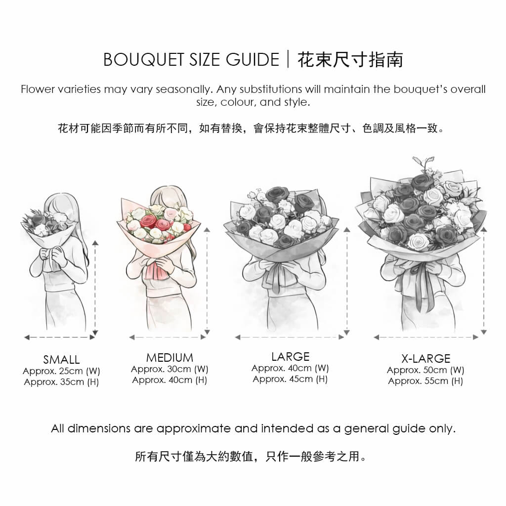 Medium. Size guide for bouquets featuring small to x-large floral wraps, each held by illustrated figures to show proportion 花束尺寸對照圖，人物示範手持四款由小至特大的包裝花束，標示尺寸供客人參考